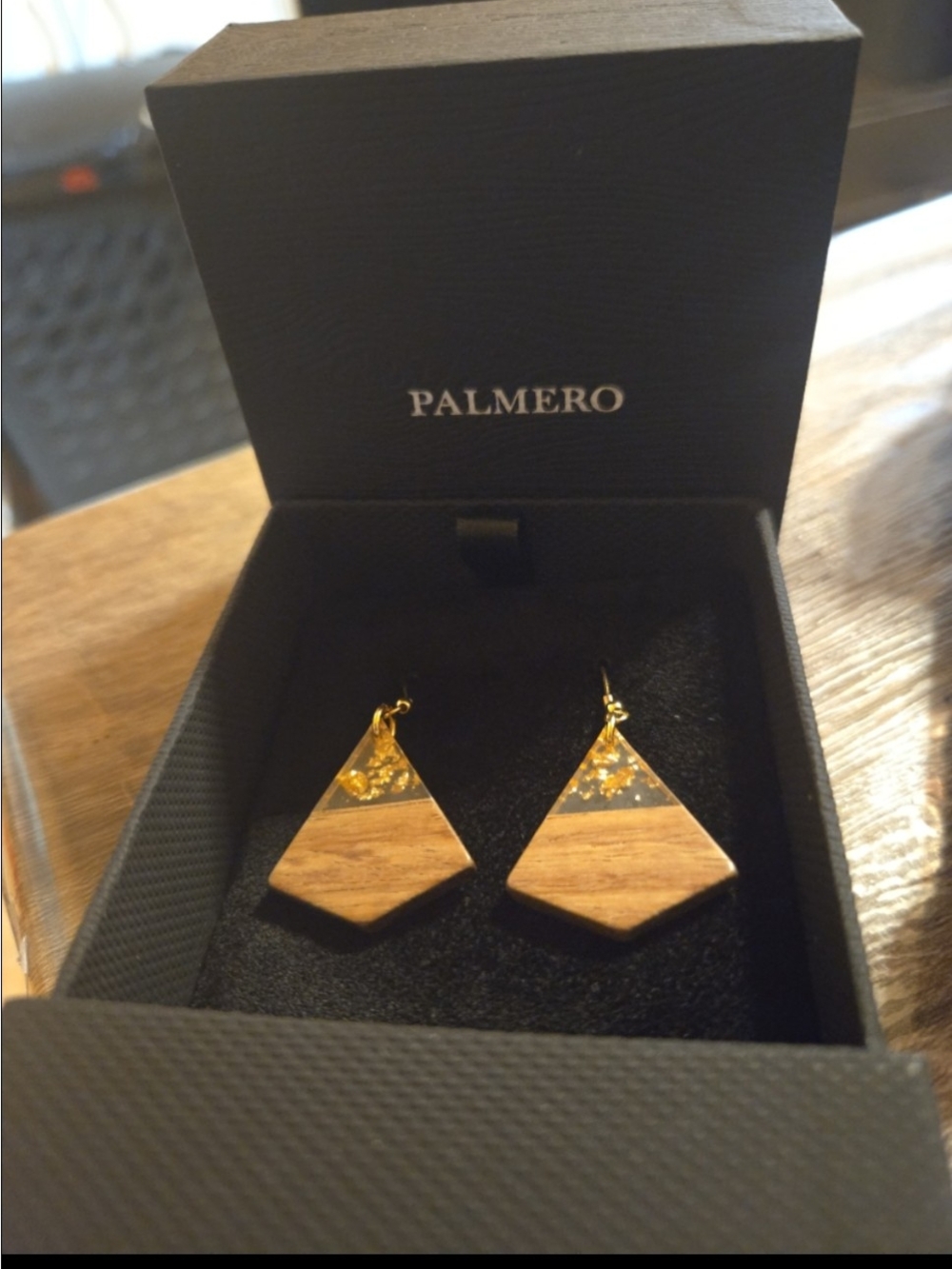 Gold and Wood Triangle Drop Earrings